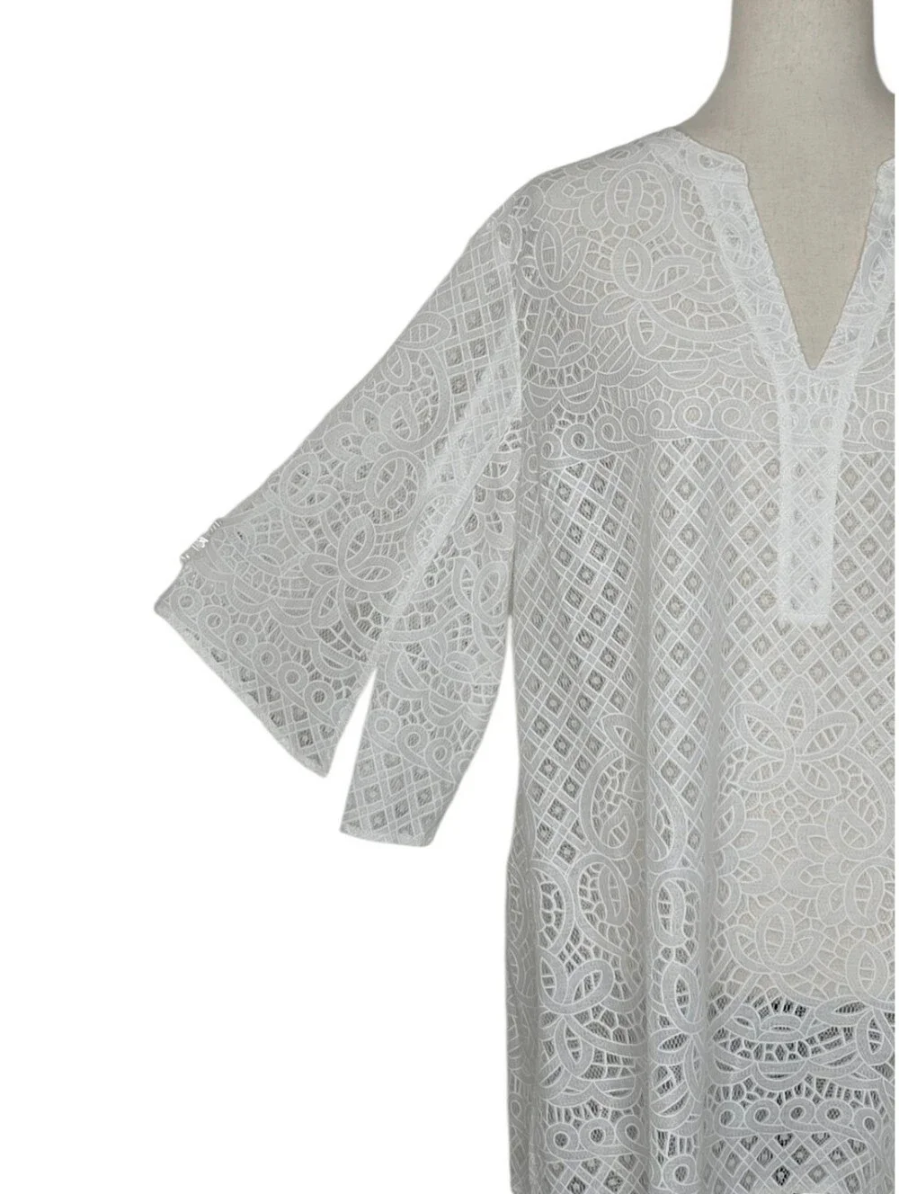 Chico's White Open Lace Split Notched V-neck 3/4 Sleeve Tunic Top Size XL - Picture 5 of 9